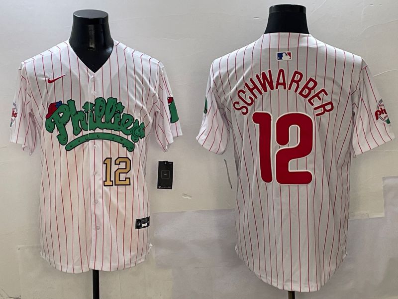 Men Philadelphia Phillies #12 Schwarber White Stripe Fourth generation Joint Name Nike 2025 MLB Jersey style 1